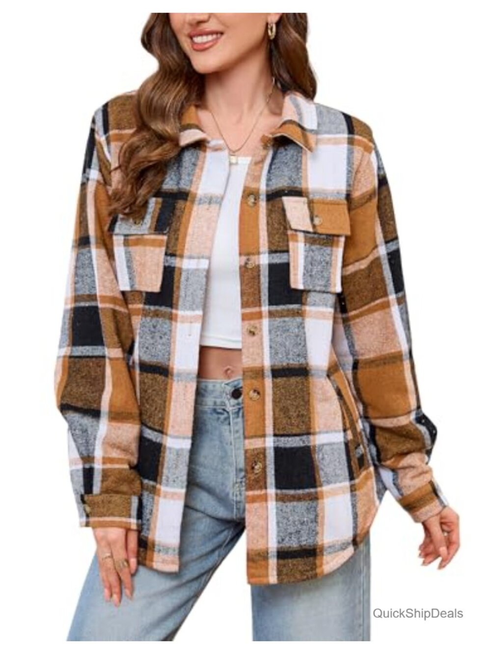 Women's Sherpa Lined Flannel Shirt Jacket Plaid Button Down Long Sleeve